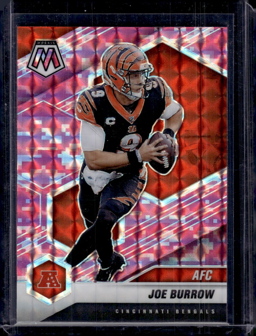 Joe Burrow Pink Camo Prizm 2021 Panini Mosaic #226 Bengals Football Card: Panini Select, Prizm, Mosaic, Contenders, Zenith, Phoenix, Illusions, Absolute, Rookie NFL Sports Trading Cards, SP, SSP, Cards, Football Cards for Sale Near Me, Superbowl & Hall of Fame Player Cards,