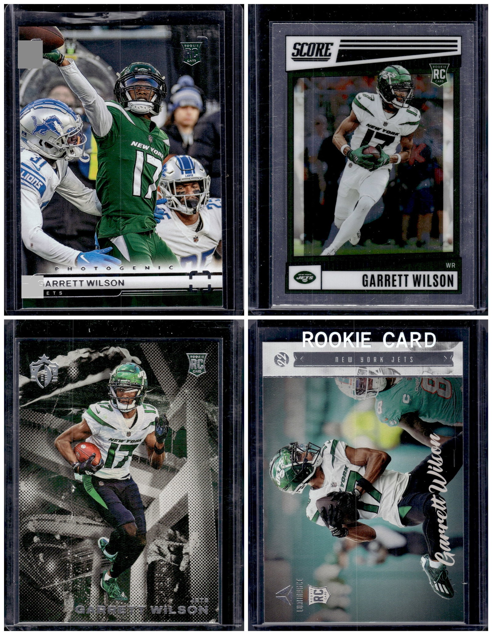 Lot of 4 Garrett Wilson Rookie Cards 2022 Panini Chronicles All Different. New York Jets: Panini Select, Prizm, Mosaic, Contenders, Zenith, Phoenix, Illusions, Absolute, Rookie NFL Sports Trading Cards, SP, SSP, Cards, Football Cards for Sale Near Me, Superbowl & Hall of Fame Player Cards,