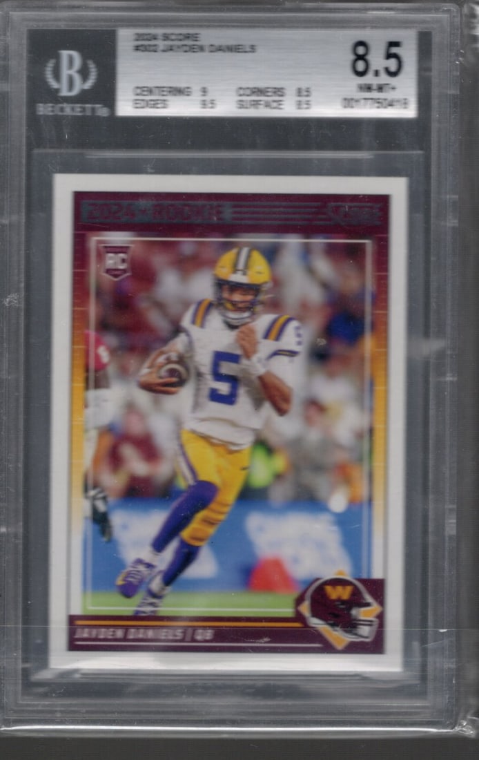 Jayden Daniels Rookie Card 2024 Panini Score #302 BGS 8.5 Commanders Football Card: Panini Select, Prizm, Mosaic, Contenders, Zenith, Phoenix, Illusions, Absolute, Rookie NFL Sports Trading Cards, SP, SSP, Cards, Football Cards for Sale Near Me, Superbowl & Hall of Fame Player Cards,