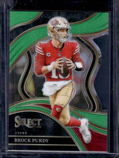 Brock Purdy Neon Green Prizm Die Cut /499 2023 Panini Select #293 49ers Football Card: Panini Select, Prizm, Mosaic, Contenders, Zenith, Phoenix, Illusions, Absolute, Rookie NFL Sports Trading Cards, SP, SSP, Cards, Football Cards for Sale Near Me, Superbowl & Hall of Fame Player Cards,