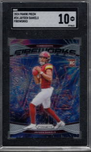 Jayden Daniels Rookie Card Fireworks 2024 Panini Prizm #24 SGC 10 Commanders NFL: Panini Select, Prizm, Mosaic, Contenders, Zenith, Phoenix, Illusions, Absolute, Rookie NFL Sports Trading Cards, SP, SSP, Cards, Football Cards for Sale Near Me, Superbowl & Hall of Fame Player Cards,