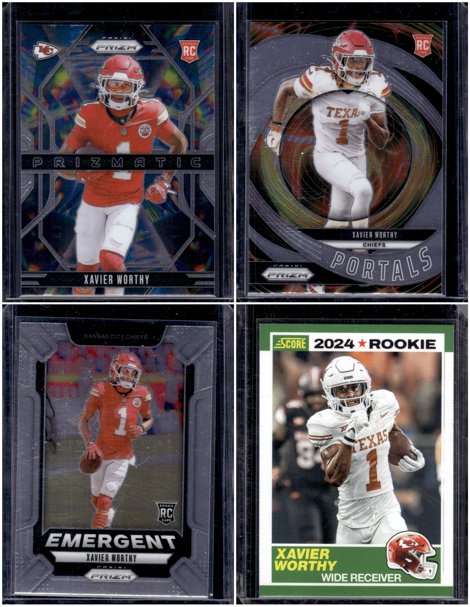 Lot of 4 Xavier Worthy Rookie Cards. 3 Panini Prizm Inserts & 1 Score Rookie. Chiefs NFL: Panini Select, Prizm, Mosaic, Contenders, Zenith, Phoenix, Illusions, Absolute, Rookie NFL Sports Trading Cards, SP, SSP, Cards, Football Cards for Sale Near Me, Superbowl & Hall of Fame Player Cards,