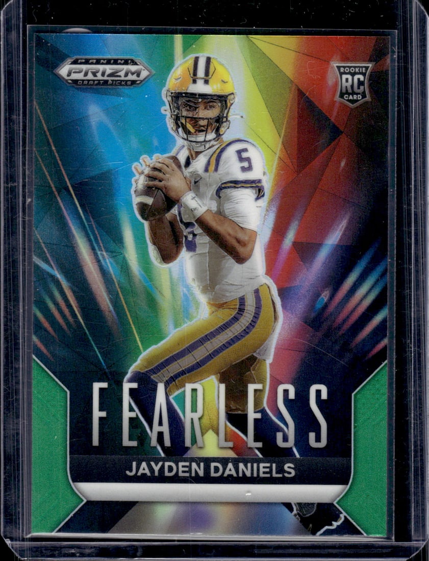 Jayden Daniels Rookie Card Fearless Green Prizm 2024 Prizm Draft Picks #F-JD LSU Tigers: Panini Select, Prizm, Mosaic, Contenders, Zenith, Phoenix, Illusions, Absolute, Rookie NFL Sports Trading Cards, SP, SSP, Cards, Football Cards for Sale Near Me, Superbowl & Hall of Fame Player Cards,