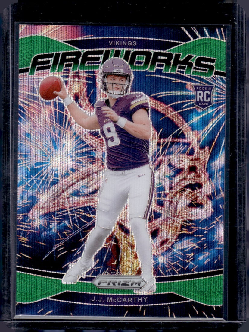 JJ McCarthy Rookie Card Fireworks Green Wave 2024 Panini Prizm #18 Minnesota Vikings: Panini Select, Prizm, Mosaic, Contenders, Zenith, Phoenix, Illusions, Absolute, Rookie NFL Sports Trading Cards, SP, SSP, Cards, Football Cards for Sale Near Me, Superbowl & Hall of Fame Player Cards,