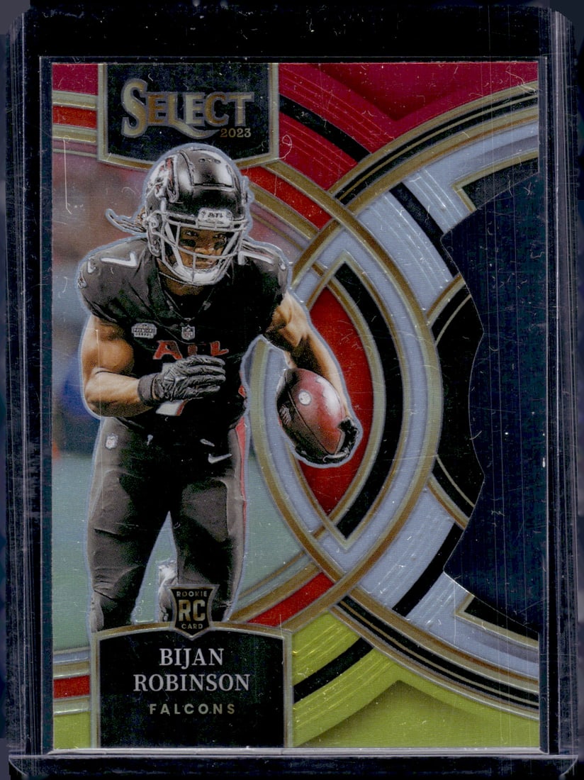 Bijan Robinson Rookie Card Red/Yellow Prizm Die Cut 2023 Panini Select #180 Falcons: Panini Select, Prizm, Mosaic, Contenders, Zenith, Phoenix, Illusions, Absolute, Rookie NFL Sports Trading Cards, SP, SSP, Cards, Football Cards for Sale Near Me, Superbowl & Hall of Fame Player Cards,