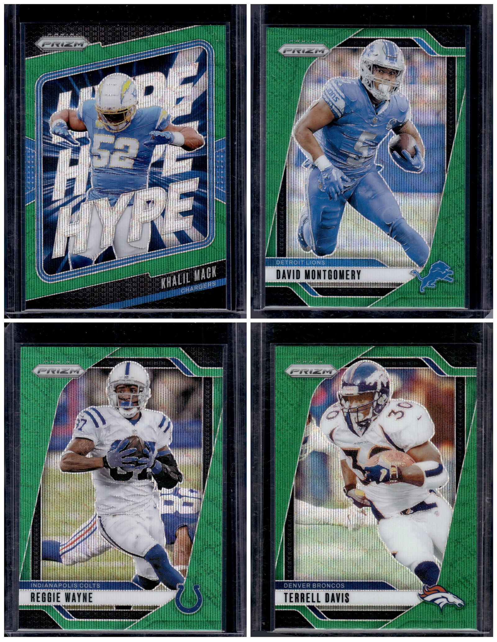 Lot of 4 2024 Panini Prizm Green Wave Prizms. Reggie Wayne, Khalil Mack Hype, and more: Panini Select, Prizm, Mosaic, Contenders, Zenith, Phoenix, Illusions, Absolute, Rookie NFL Sports Trading Cards, SP, SSP, Cards, Football Cards for Sale Near Me, Superbowl & Hall of Fame Player Cards,