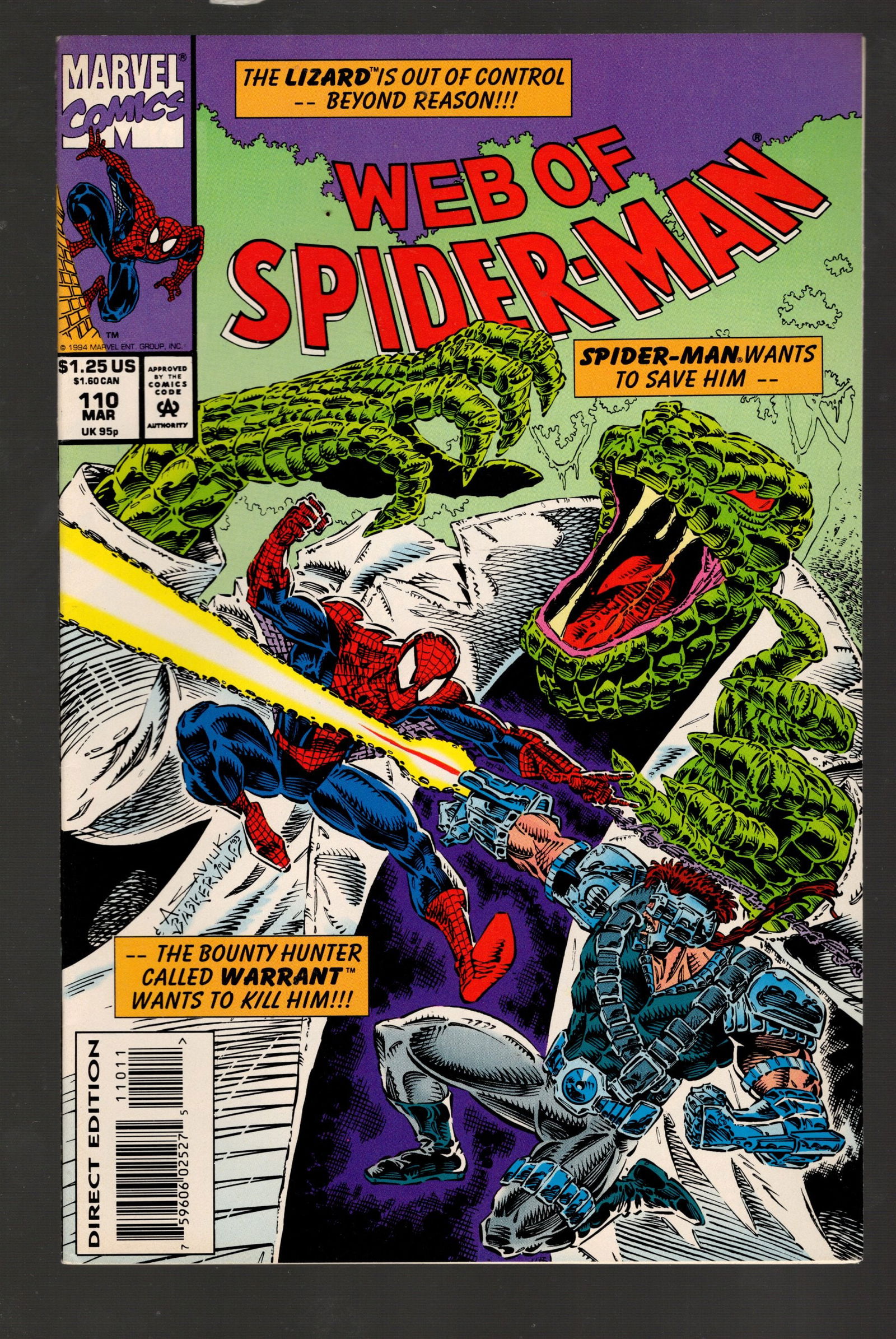 Web of Spider-Man Vintage Marvel Comic Book, March 1994, #110, The Lizard, Like New Condition: All Comic Books come Bagged, Boarded, and Sleeved in a Hard PVC Top Loader, Shipping is a little more than baseball cards due to the cost of supplies, Super Heroes Collectibles, Auction Magazine Lots