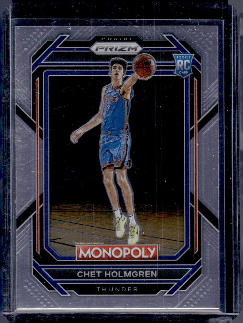 Chet Holmgren Rookie Card 2022-23 Panini Prizm Monopoly #63 OKC Thunder: Panini Select, Prizm, Mosaic, Contenders, Revolution, Phoenix, NBA Hoops, Rookie NFL Sports Trading Cards, Silver, SP, SSP, Wave Prizms, Numbered Cards, Basketball sports Cards for Sale Near Me, NBA C