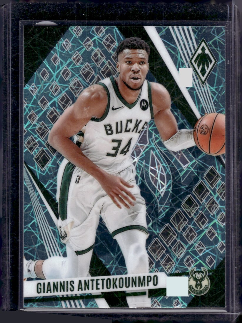 Giannis Antetokounmpo Teal Lazer 2023-24 Panini Phoenix #176 Bucks NBA: Panini Select, Prizm, Mosaic, Contenders, Revolution, Phoenix, NBA Hoops, Rookie NFL Sports Trading Cards, Silver, SP, SSP, Wave Prizms, Numbered Cards, Basketball sports Cards for Sale Near Me, NBA C