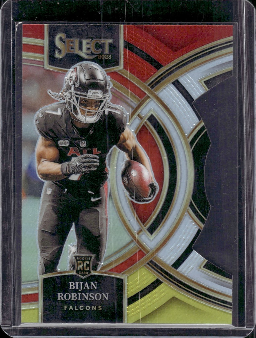 Bijan Robinson Rookie Card Red/Yellow Prizm Die Cut 2023 Panini Select #180 Falcons: Panini Select, Prizm, Mosaic, Contenders, Zenith, Phoenix, Illusions, Absolute, Rookie NFL Sports Trading Cards, SP, SSP, Cards, Football Cards for Sale Near Me, Superbowl & Hall of Fame Player Cards,