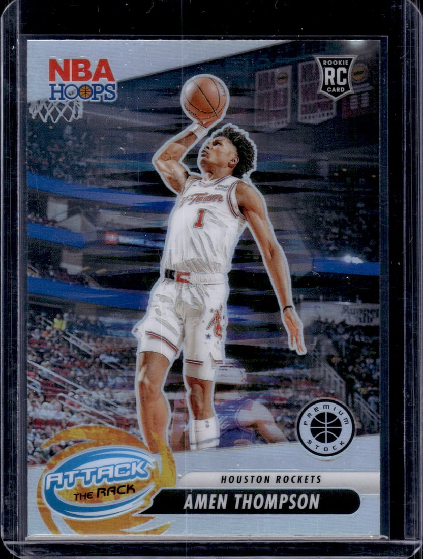 Amen Thompson Rookie Card Attack the Rack Silver Prizm 2023-24 Premium Stock #9: Panini Select, Prizm, Mosaic, Contenders, Revolution, Phoenix, NBA Hoops, Rookie NFL Sports Trading Cards, Silver, SP, SSP, Wave Prizms, Numbered Cards, Basketball sports Cards for Sale Near Me, NBA C