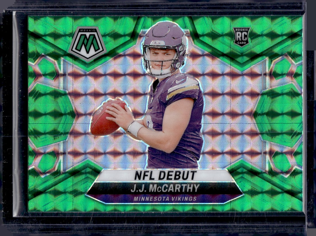 JJ McCarthy Rookie Card Green Mosaic Prizm 2024 Panini Mosaic #275 Minnesota Vikings: Panini Select, Prizm, Mosaic, Contenders, Zenith, Phoenix, Illusions, Absolute, Rookie NFL Sports Trading Cards, SP, SSP, Cards, Football Cards for Sale Near Me, Superbowl & Hall of Fame Player Cards,