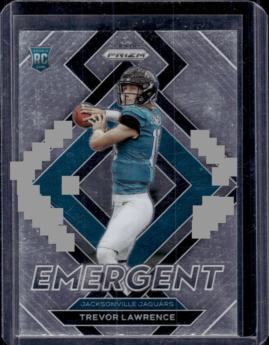Trevor Lawrence Rookie Card Emergent 2021 Panini Prizm #E-1 Jaguars: Panini Select, Prizm, Mosaic, Contenders, Zenith, Phoenix, Illusions, Absolute, Rookie NFL Sports Trading Cards, SP, SSP, Cards, Football Cards for Sale Near Me, Superbowl & Hall of Fame Player Cards,