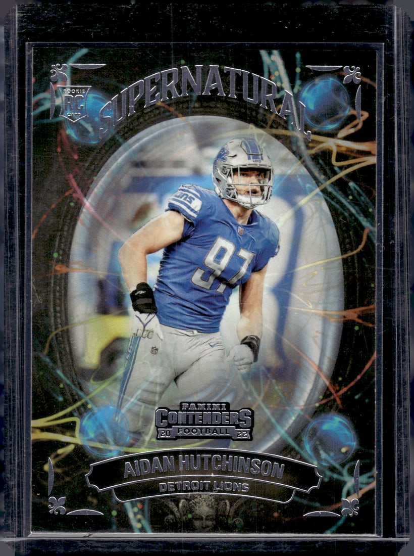 Aidan Hutchinson Rookie Card Supernatural 2022 Panini Contenders #SN-AHU Lions: Panini Select, Prizm, Mosaic, Contenders, Zenith, Phoenix, Illusions, Absolute, Rookie NFL Sports Trading Cards, SP, SSP, Cards, Football Cards for Sale Near Me, Superbowl & Hall of Fame Player Cards,