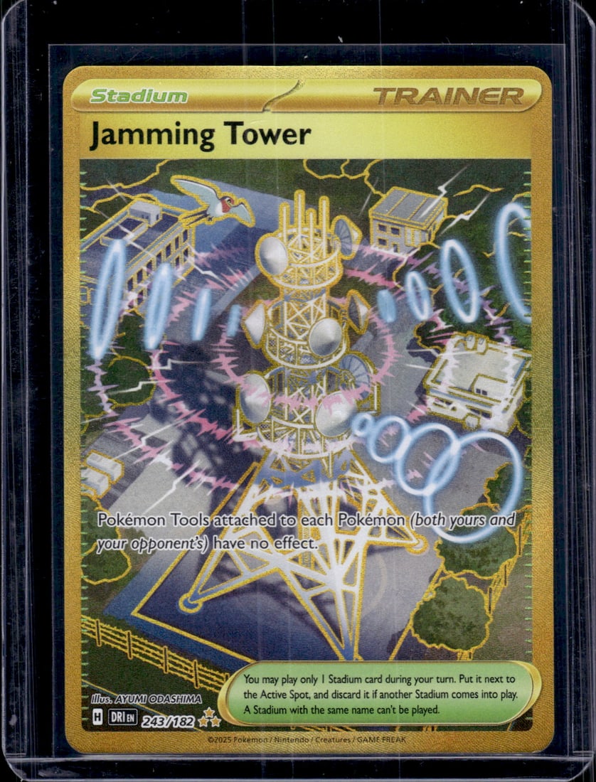 2025 Pokemon Destined Rivals Jamming Tower Gold #243: TCG, Pikachu, Charizard, Rare, Secret Rare, Holo Cards, Pokemon & TCG Cards sold near Me, Nintendo, Evee, Houndoom, Reverse Holo Cards, 3 Star Ultra Rare, EX