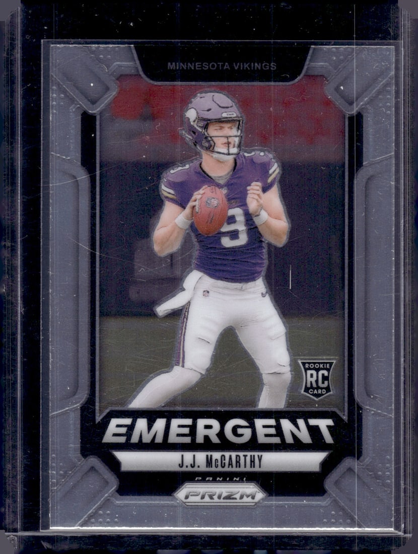 JJ McCarthy Rookie Card Emergent 2024 Panini Prizm #19 Vikings: Panini Select, Prizm, Mosaic, Contenders, Zenith, Phoenix, Illusions, Absolute, Rookie NFL Sports Trading Cards, SP, SSP, Cards, Football Cards for Sale Near Me, Superbowl & Hall of Fame Player Cards,
