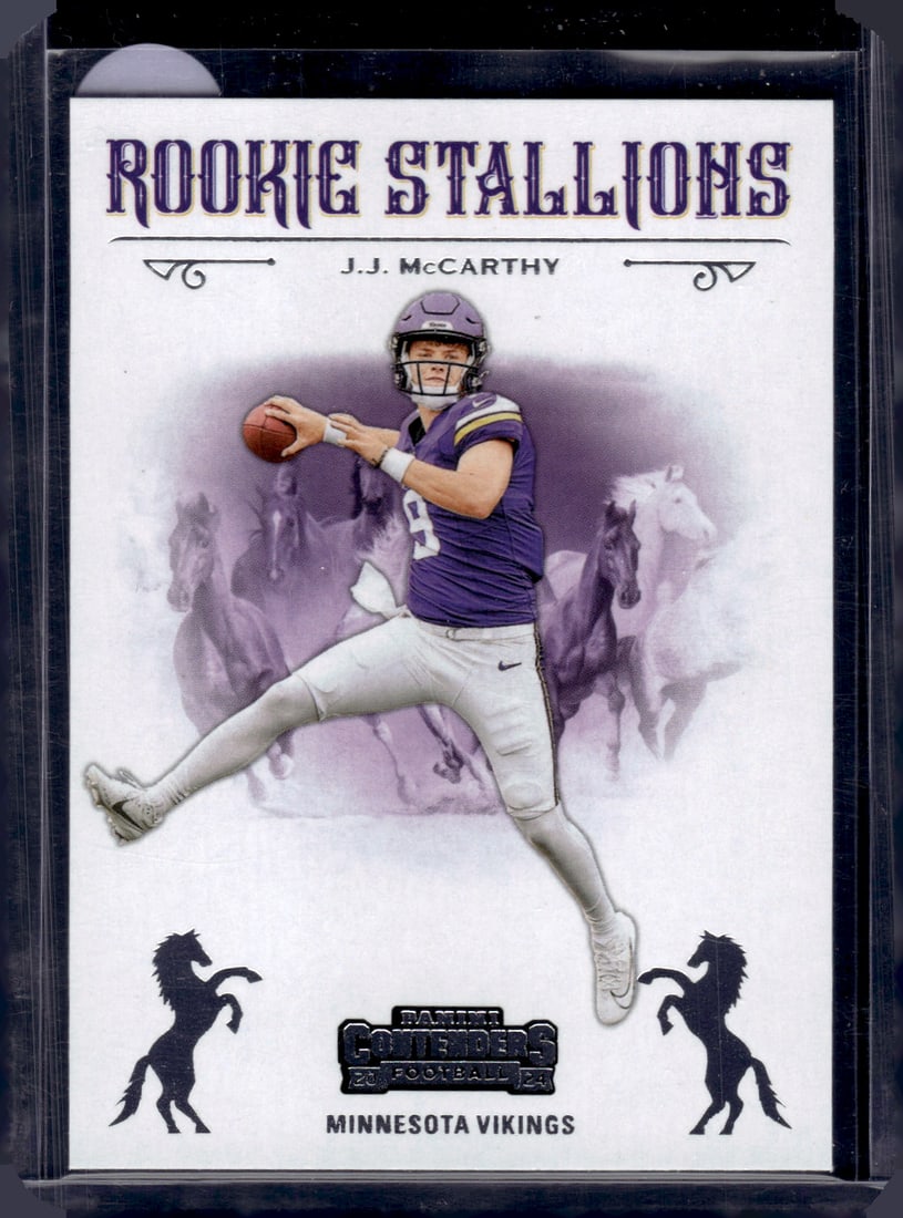 JJ McCarthy Rookie Stallions 2024 Panini Contenders #9 Minnesota Vikings: Panini Select, Prizm, Mosaic, Contenders, Zenith, Phoenix, Illusions, Absolute, Rookie NFL Sports Trading Cards, SP, SSP, Cards, Football Cards for Sale Near Me, Superbowl & Hall of Fame Player Cards,
