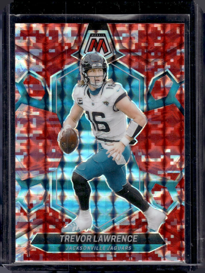 Trevor Lawrence Red Camo Prizm 2024 Panini Mosaic #99 Jaguars: Panini Select, Prizm, Mosaic, Contenders, Zenith, Phoenix, Illusions, Absolute, Rookie NFL Sports Trading Cards, SP, SSP, Cards, Football Cards for Sale Near Me, Superbowl & Hall of Fame Player Cards,