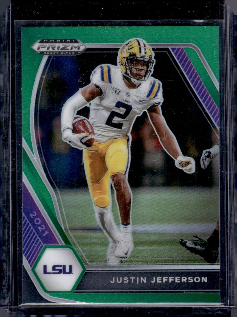 Justin Jefferson Green Prizm 2021 Prizm Draft Picks #56 LSU Tigers: Panini Select, Prizm, Mosaic, Contenders, Zenith, Phoenix, Illusions, Absolute, Rookie NFL Sports Trading Cards, SP, SSP, Cards, Football Cards for Sale Near Me, Superbowl & Hall of Fame Player Cards,