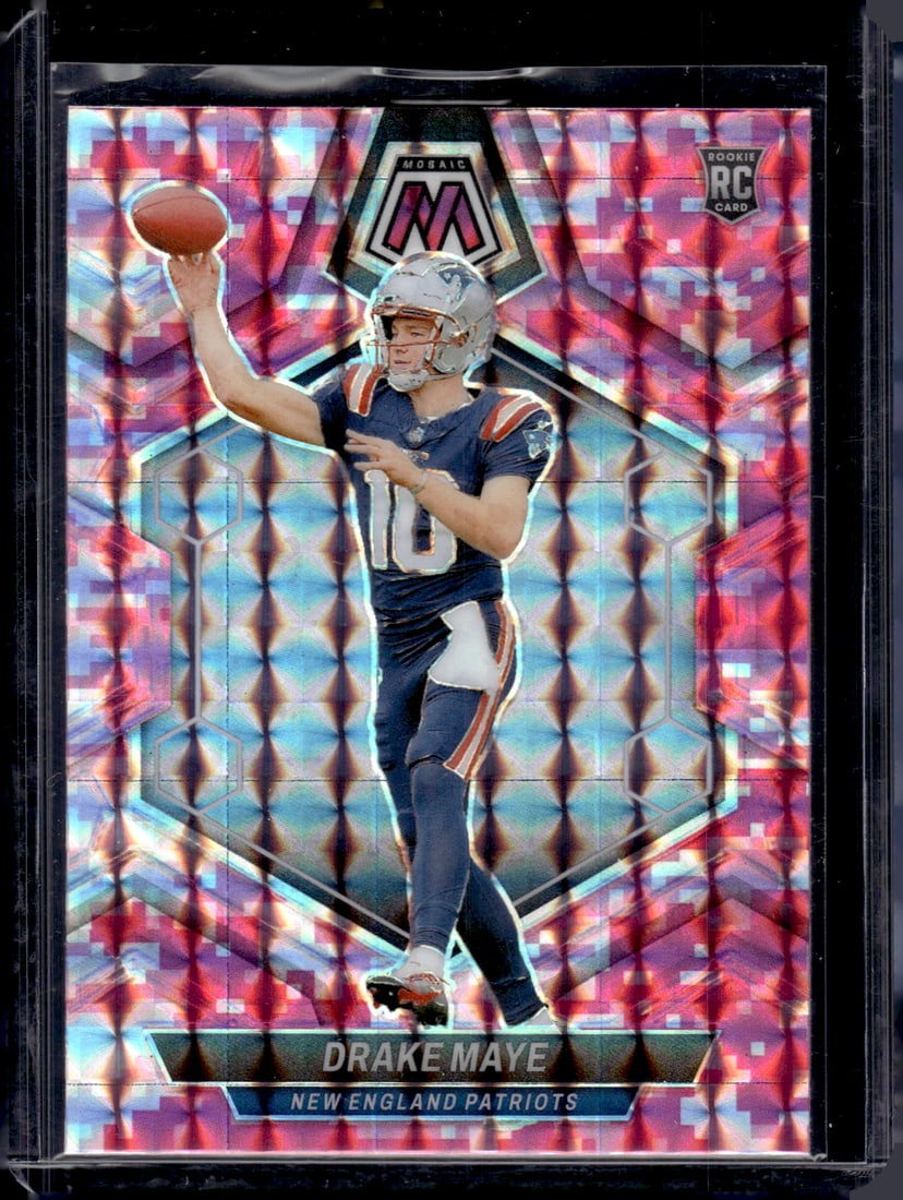 Drake Maye Rookie Card Pink Camo Prizm 2024 Panini Mosaic #303 Patriots Football Card: Panini Select, Prizm, Mosaic, Contenders, Zenith, Phoenix, Illusions, Absolute, Rookie NFL Sports Trading Cards, SP, SSP, Cards, Football Cards for Sale Near Me, Superbowl & Hall of Fame Player Cards,