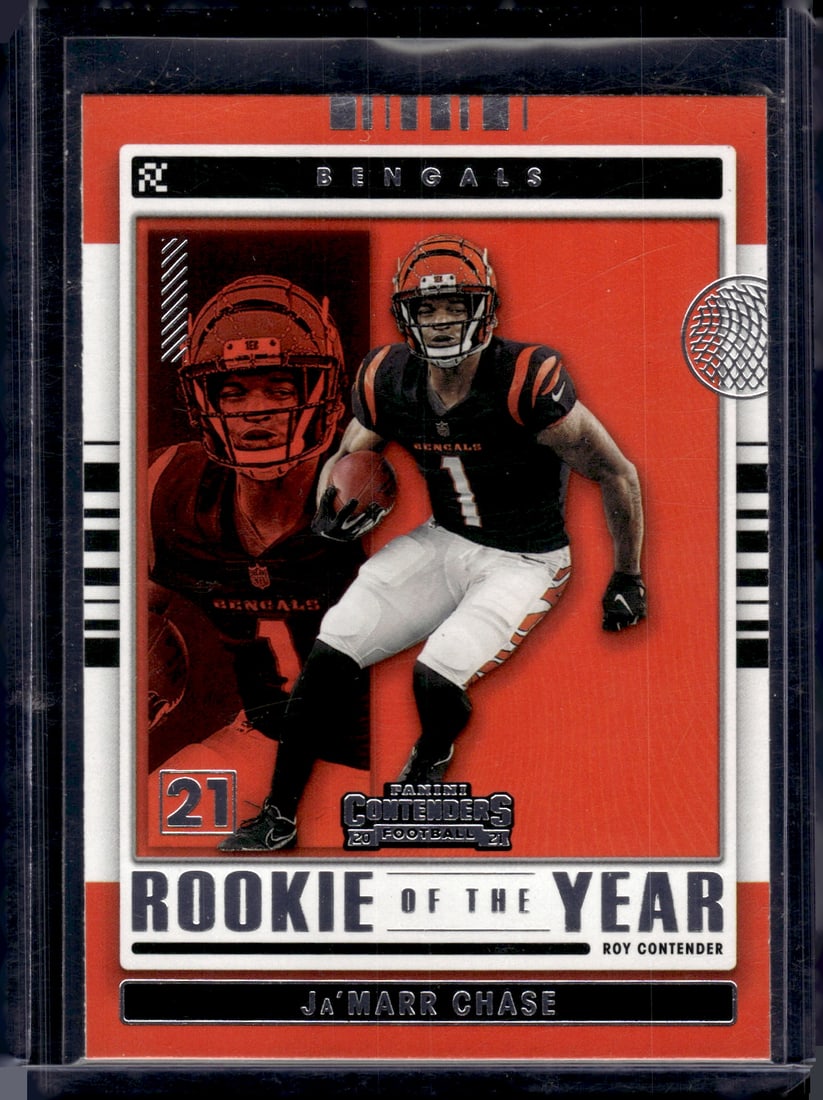 Ja'Marr Chase Rookie Card 2021 Panini Contenders #ROY-JCH Bengals Football Card: Panini Select, Prizm, Mosaic, Contenders, Zenith, Phoenix, Illusions, Absolute, Rookie NFL Sports Trading Cards, SP, SSP, Cards, Football Cards for Sale Near Me, Superbowl & Hall of Fame Player Cards,