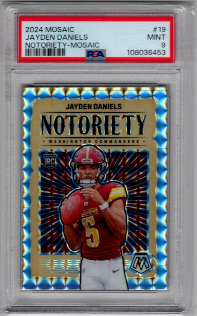 Jayden Daniels Rookie Card Notoriety Mosaic Prizm 2024 Panini Mosaic #19 PSA 9: Panini Select, Prizm, Mosaic, Contenders, Zenith, Phoenix, Illusions, Absolute, Rookie NFL Sports Trading Cards, SP, SSP, Cards, Football Cards for Sale Near Me, Superbowl & Hall of Fame Player Cards,