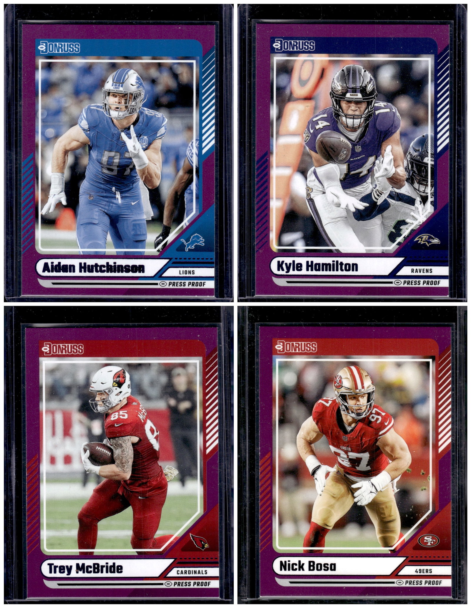 Lot of 4 2024 Donruss Football Purple Press Proof. Hutchinson, Hamilton, McBride, Bosa: Donruss Football NLF Trading & Sports Cards, Sports Cards for Sale Near Me, Valuable Memorabilia Auction Lots Sold On Line, SP, SSP