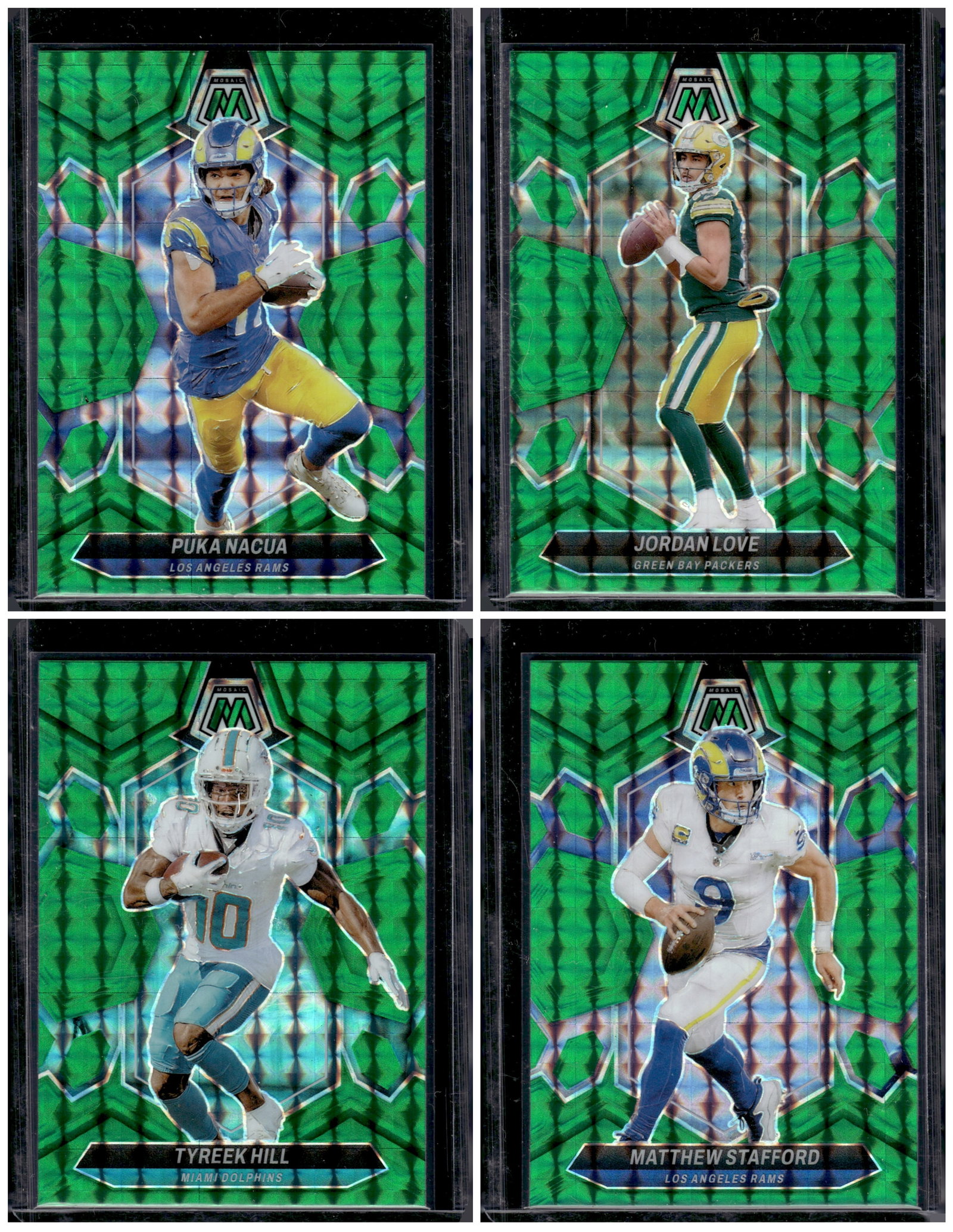 Lot of 4 2024 Mosaic Football Green Mosaic Prizms. Puka, Jordan Love, Tyreek Hill, Stafford: Panini Select, Prizm, Mosaic, Contenders, Zenith, Phoenix, Illusions, Absolute, Rookie NFL Sports Trading Cards, SP, SSP, Cards, Football Cards for Sale Near Me, Superbowl & Hall of Fame Player Cards,