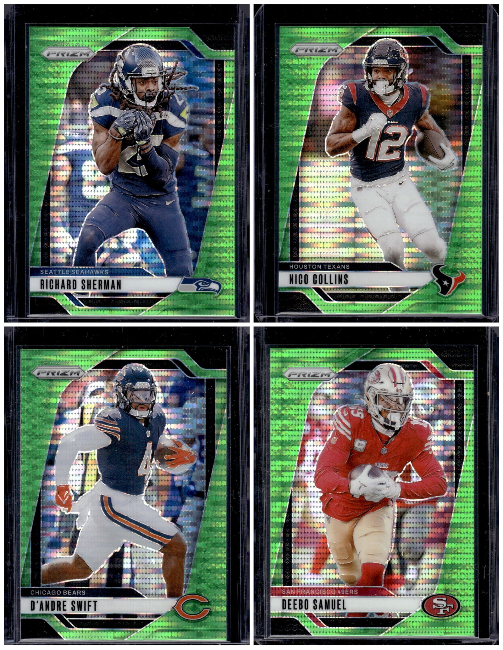 Lot of 4 2024 Prizm Green Pulsar Prizms. Nico Collins, Sherman, Swift, Deebo Samuel: Panini Select, Prizm, Mosaic, Contenders, Zenith, Phoenix, Illusions, Absolute, Rookie NFL Sports Trading Cards, SP, SSP, Cards, Football Cards for Sale Near Me, Superbowl & Hall of Fame Player Cards,