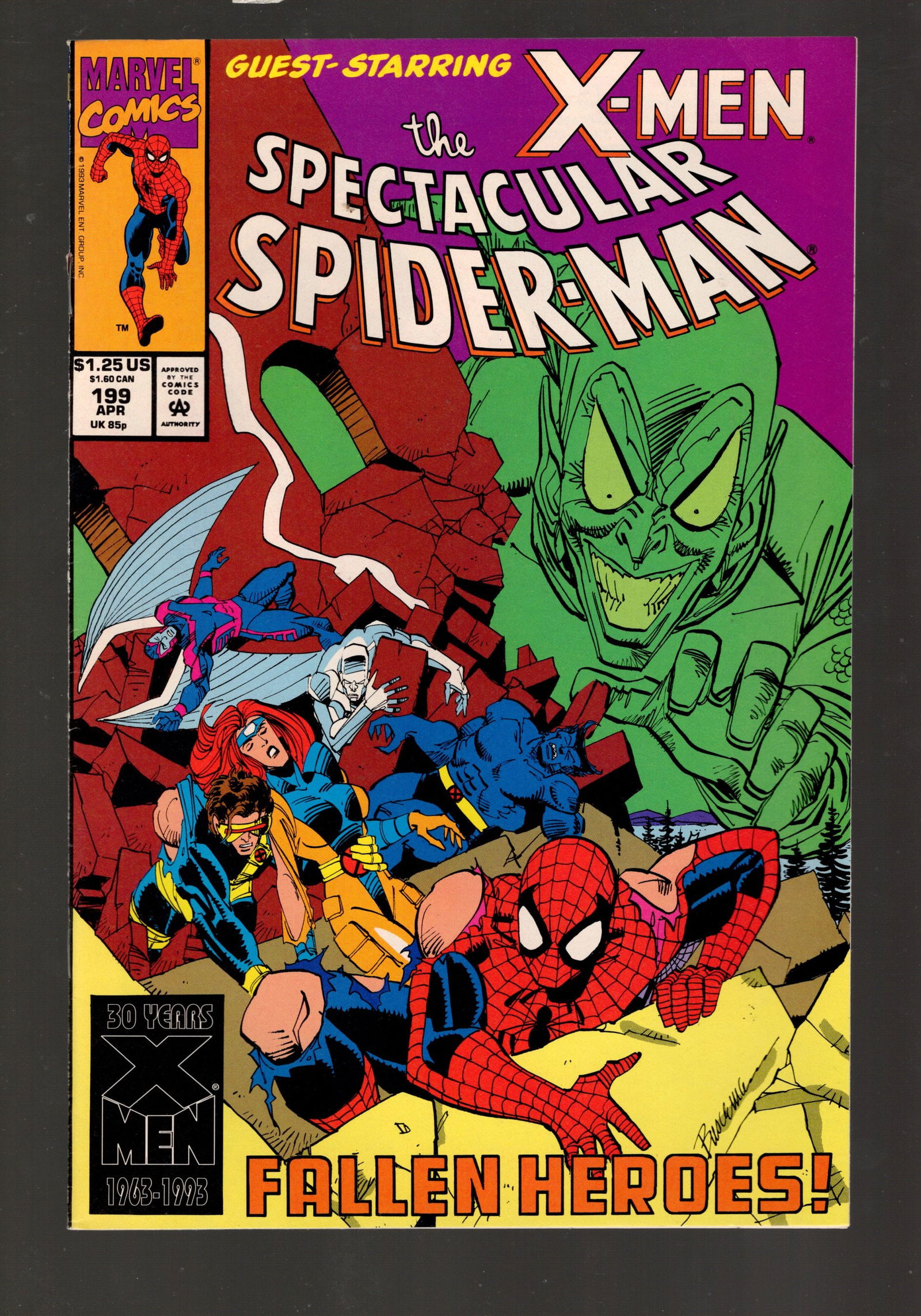 The Spectacular Spider-Man Vintage Marvel Comic Book 1993 April #199, Guest Starring X-Men (1 of 2)