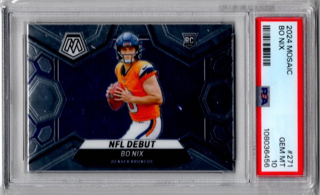Bo Nix Rookie Card 2024 Panini Mosaic #271 PSA 10 Denver Broncos: Panini Select, Prizm, Mosaic, Contenders, Zenith, Phoenix, Illusions, Absolute, Rookie NFL Sports Trading Cards, SP, SSP, Cards, Football Cards for Sale Near Me, Superbowl & Hall of Fame Player Cards,