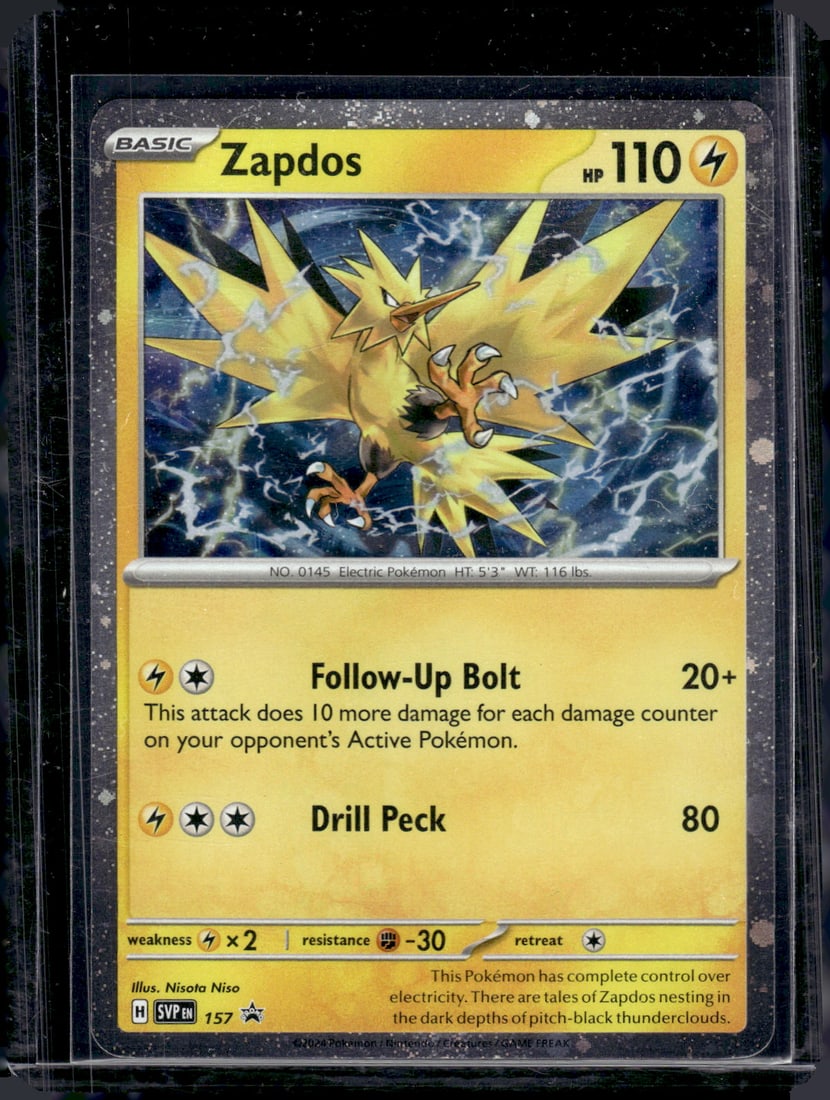 2024 Pokemon Scarlet & Violet Black Star Promo Zapdos #157: TCG, Pikachu, Charizard, Rare, Secret Rare, Holo Cards, Pokemon & TCG Cards sold near Me, Nintendo, Evee, Houndoom, Reverse Holo Cards, 3 Star Ultra Rare, EX