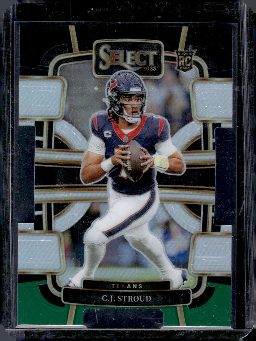 Cj Stroud Rookie Card Black/Green Prizm Die Cut 2023 Panini Select #41 Houston Texnas: Panini Select, Prizm, Mosaic, Contenders, Zenith, Phoenix, Illusions, Absolute, Rookie NFL Sports Trading Cards, SP, SSP, Cards, Football Cards for Sale Near Me, Superbowl & Hall of Fame Player Cards,