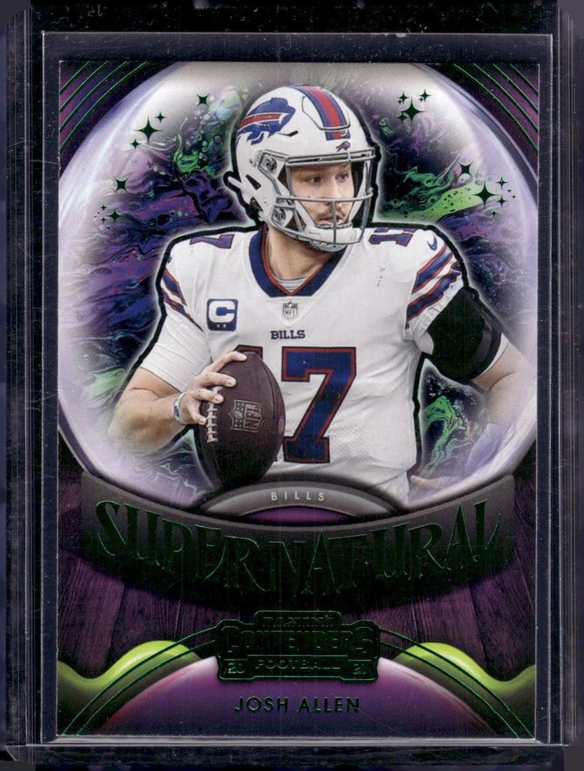Josh Allen Supernatural Emerald 2021 Panini Contenders #SN-JAL Buffalo Bills: Panini Select, Prizm, Mosaic, Contenders, Zenith, Phoenix, Illusions, Absolute, Rookie NFL Sports Trading Cards, SP, SSP, Cards, Football Cards for Sale Near Me, Superbowl & Hall of Fame Player Cards,