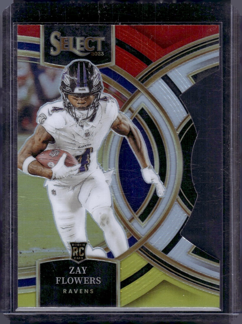 Zay Flowers Rookie Card Red/Yellow Prizm Die Cut 2023 Panini Select #157 Ravens: Panini Select, Prizm, Mosaic, Contenders, Zenith, Phoenix, Illusions, Absolute, Rookie NFL Sports Trading Cards, SP, SSP, Cards, Football Cards for Sale Near Me, Superbowl & Hall of Fame Player Cards,
