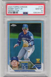 Bobby Witt Jr. Refractor 2023 Topps Chrome #176 PSA 10 Royals Baseball Card: Topps Baseball MLB Trading & Sports Cards, Sports Cards for Sale Near Me, World Series & Hall of Fame Players Memorabilia, Refractors, X-Fractors, Numbered, SP, SSP, Valuable Auction Memorabilia Lots