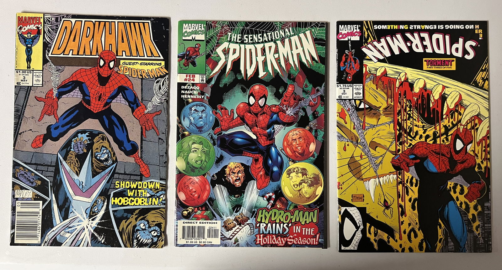 3 Marvel Vintage Comic Books: Darkhawk #3 1990, #3 1990 Part 3 Torment, Sensation Spider-Man #24 (1 of 3)