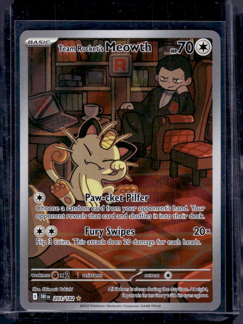 2025 Pokemon Destined Rivals Team Rocket's Meowth Full Art #203: TCG, Pikachu, Charizard, Rare, Secret Rare, Holo Cards, Pokemon & TCG Cards sold near Me, Nintendo, Evee, Houndoom, Reverse Holo Cards, 3 Star Ultra Rare, EX