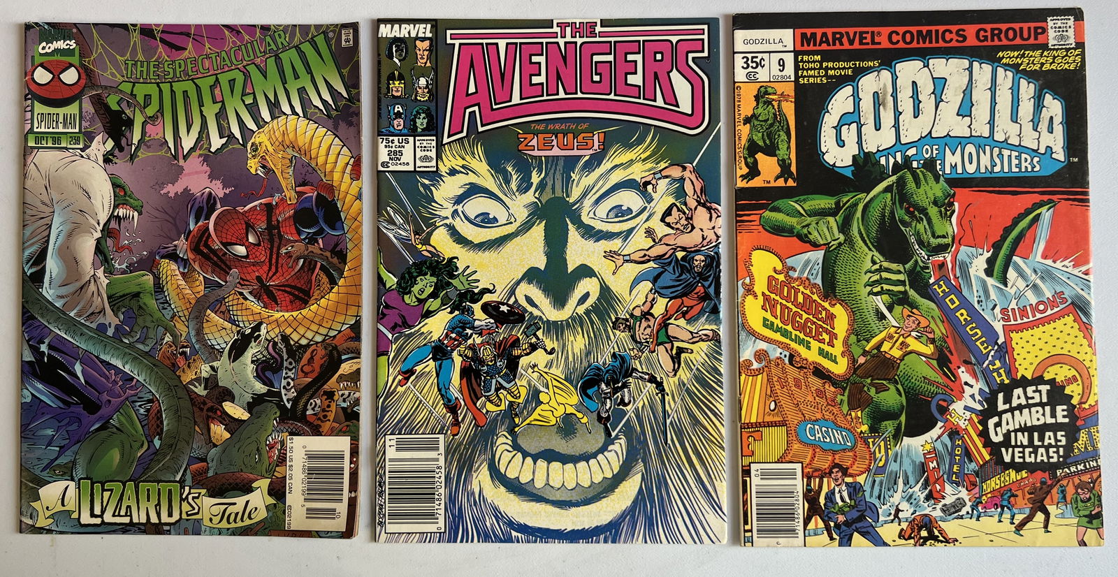 3 Marvel Comic Books: Spider-Man #238 1996, The Avengers #285 1987, Godzilla #9 1979 (1 of 3)