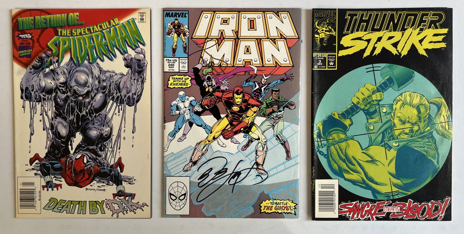 3 Marvel Comic Books: Iron man Signed No COA #240 1989, Thunder Strike #3 1993, Spider-Man #230 1996 (1 of 3)