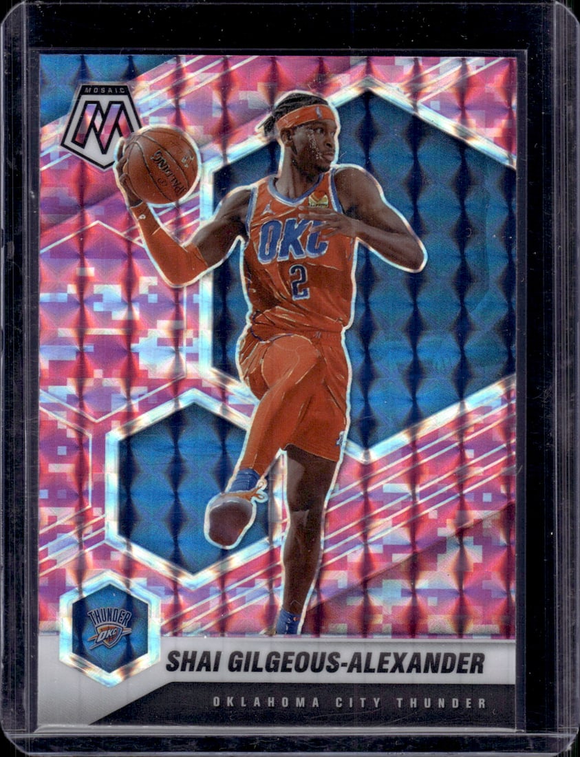 Shai Gilgeous-Alexander Pink Camo Prizm 2020-21 Panini Mosaic #103 OKC Thunder: Panini Select, Prizm, Mosaic, Contenders, Revolution, Phoenix, NBA Hoops, Rookie NFL Sports Trading Cards, Silver, SP, SSP, Wave Prizms, Numbered Cards, Basketball sports Cards for Sale Near Me, NBA C