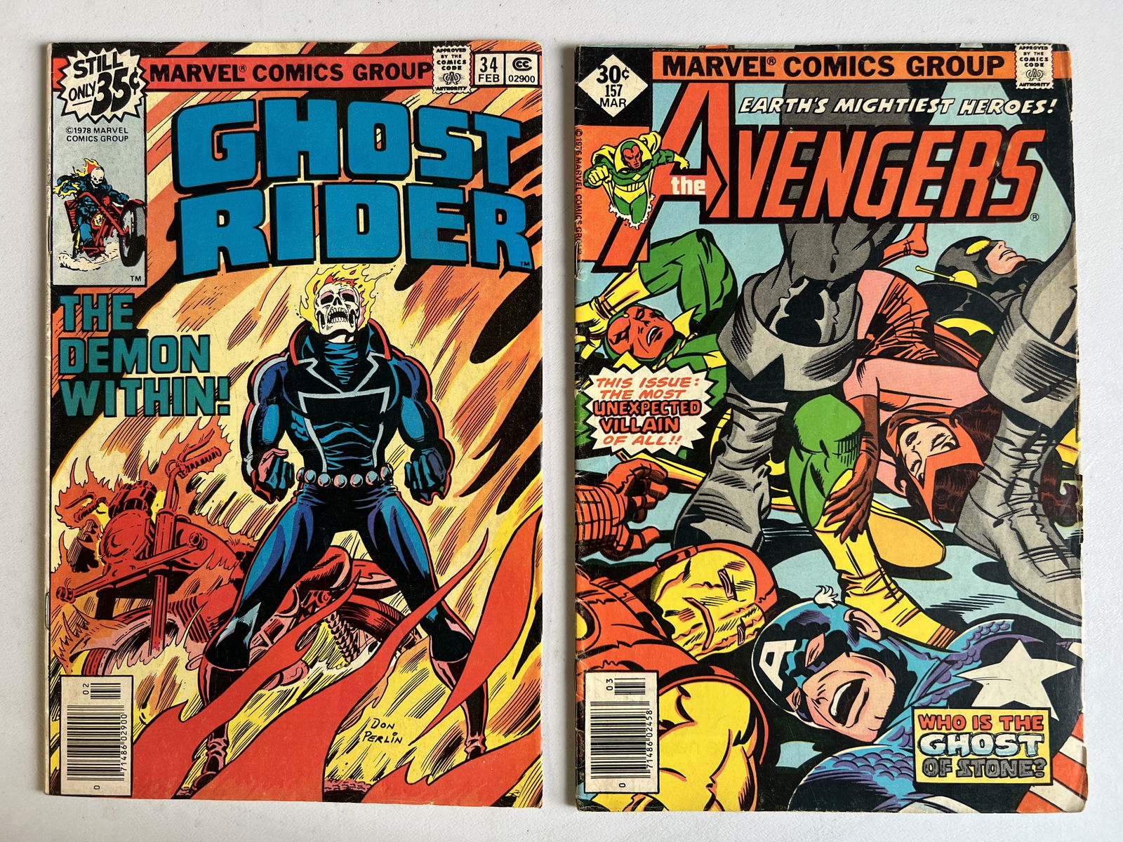 2 Marvel comic Books: Ghost Rider #34 1979 The Demon Within & The Avengers #157 1977 (1 of 3)