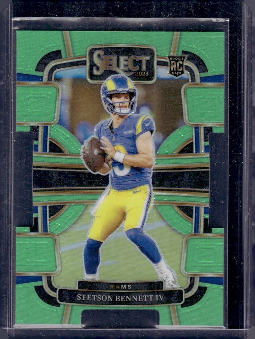 Stetson Bennett Neon Green Prizm Die Cut Rookie /599 2023 Panini Select #55 Rams: Panini Select, Prizm, Mosaic, Contenders, Zenith, Phoenix, Illusions, Absolute, Rookie NFL Sports Trading Cards, SP, SSP, Cards, Football Cards for Sale Near Me, Superbowl & Hall of Fame Player Cards,