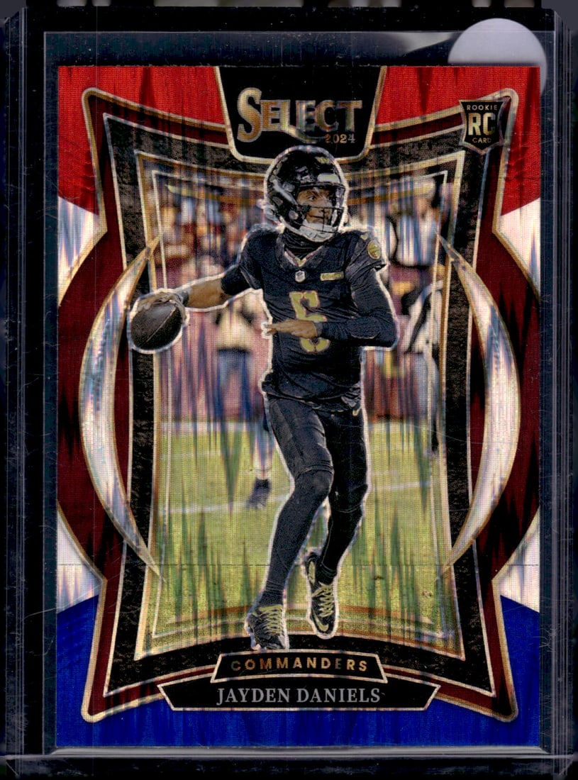 Jayden Daniels Rookie Card Red/Blue Shock Prizm 2024 Panini Select #26: Panini Select, Prizm, Mosaic, Contenders, Zenith, Phoenix, Illusions, Absolute, Rookie NFL Sports Trading Cards, SP, SSP, Cards, Football Cards for Sale Near Me, Superbowl & Hall of Fame Player Cards,