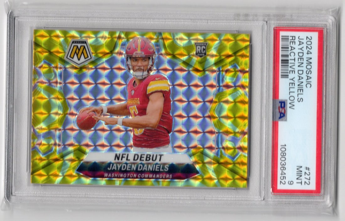 Jayden Daniels Rookie Card Reactive Yellow 2024 Panini Mosaic #272 PSA 9 Football Card: Panini Select, Prizm, Mosaic, Contenders, Zenith, Phoenix, Illusions, Absolute, Rookie NFL Sports Trading Cards, SP, SSP, Cards, Football Cards for Sale Near Me, Superbowl & Hall of Fame Player Cards,