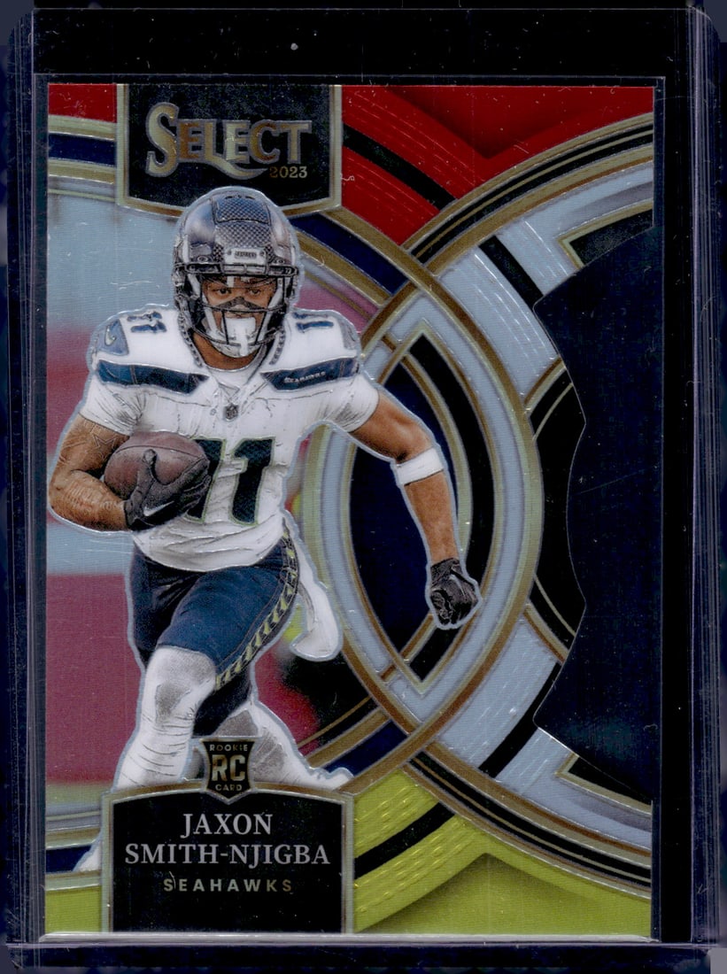 Jaxon Smith-Njigba Rookie Card Red/Yellow Prizm Die Cut 2023 Panini Select #174: Panini Select, Prizm, Mosaic, Contenders, Zenith, Phoenix, Illusions, Absolute, Rookie NFL Sports Trading Cards, SP, SSP, Cards, Football Cards for Sale Near Me, Superbowl & Hall of Fame Player Cards,