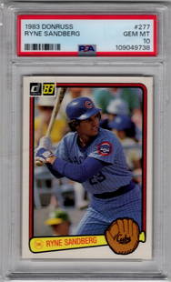 Ryne Sandberg Rookie Card 1983 Donruss #277 PSA 10 Baseball Card: Donruss Baseball MLB Trading & Sports Cards, Sports Cards for Sale Near Me, Prizm, Mosaic, Select, SP, SSP, Auction Memorabilia Lots for Sale On Line, World Series & Hall of Fame Players, Diamond King