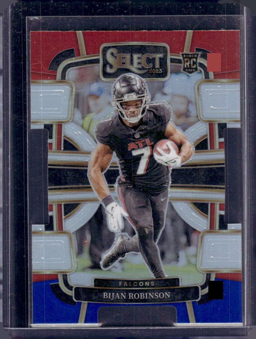 Bijan Robinson Rookie Card Red/Blue Prizm Die Cut 2023 Panini Select #4 Falcons: Panini Select, Prizm, Mosaic, Contenders, Zenith, Phoenix, Illusions, Absolute, Rookie NFL Sports Trading Cards, SP, SSP, Cards, Football Cards for Sale Near Me, Superbowl & Hall of Fame Player Cards,