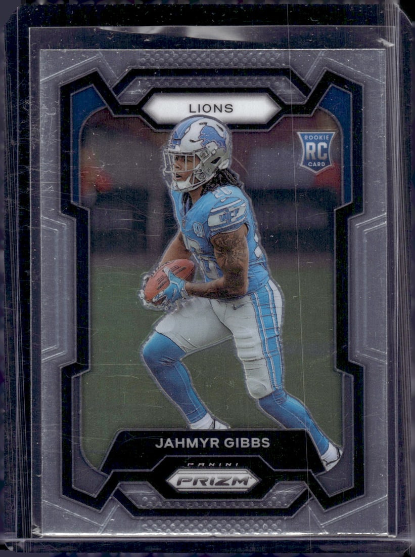 Jahmyr Gibbs Rookie Card 2023 Panini Prizm #331 Detroit Lions: Panini Select, Prizm, Mosaic, Contenders, Zenith, Phoenix, Illusions, Absolute, Rookie NFL Sports Trading Cards, SP, SSP, Cards, Football Cards for Sale Near Me, Superbowl & Hall of Fame Player Cards,