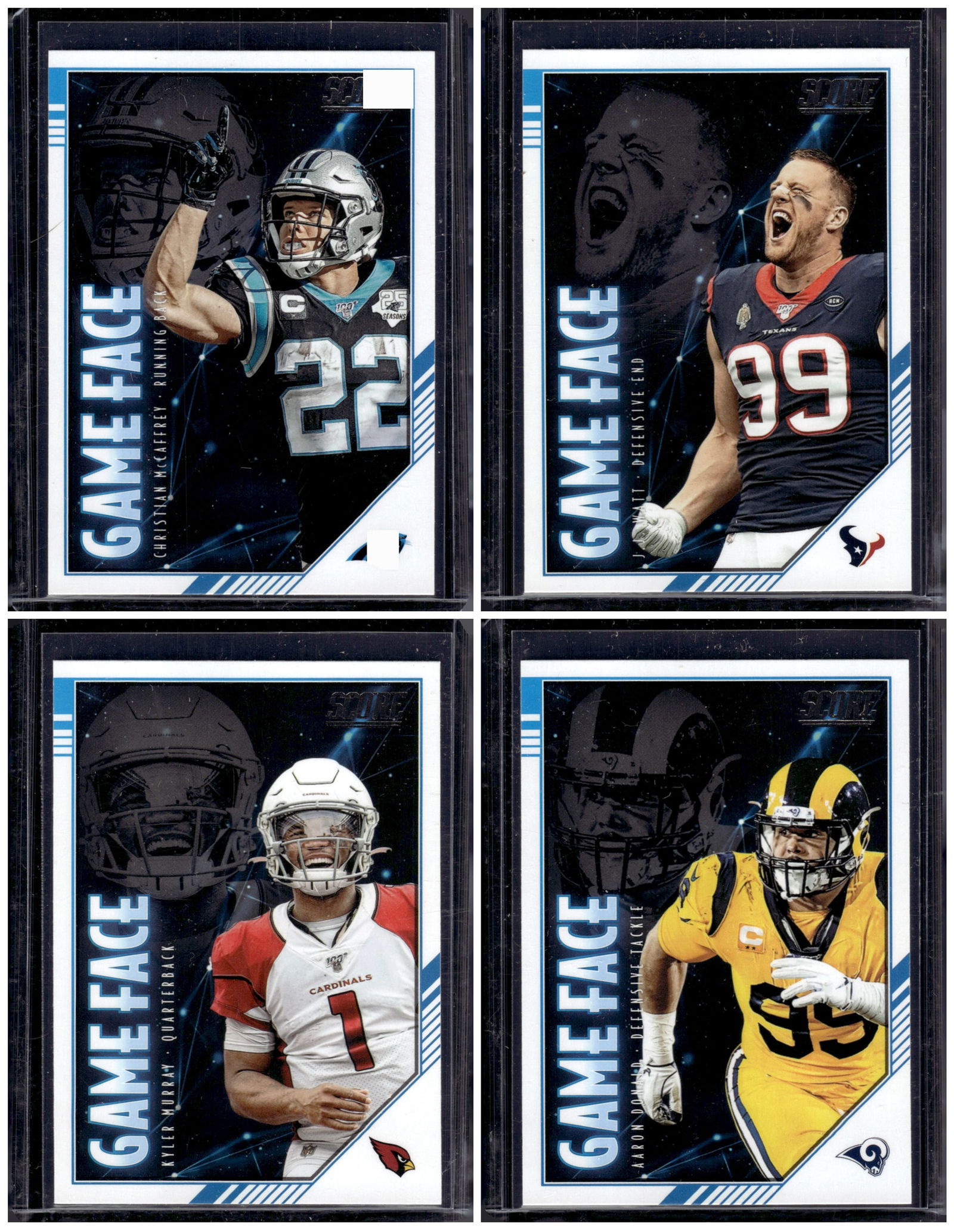 Lot of 4 2020 Panini Score NFL Game Face Inserts. McCaffrey, Watt, Murray, Donald (1 of 1)